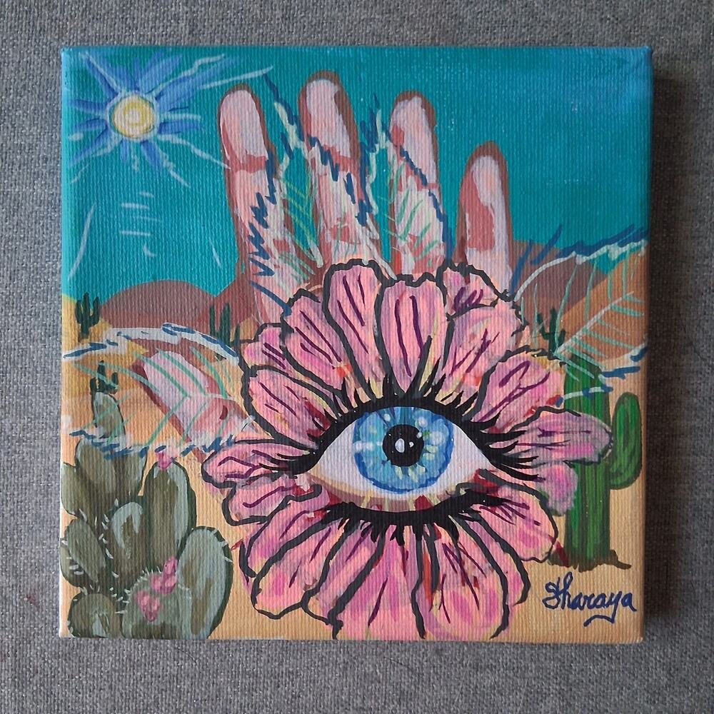 Pretty Cactus Deasert Scene Third Eye Hand Palm Healing Energy Acrylic Art